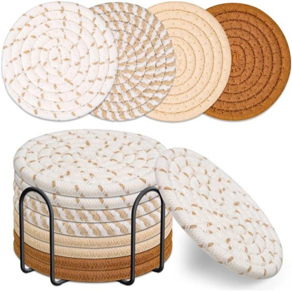 8 Pcs Drink Coasters with Holder, Minimalist Cotton Woven 4 Colors Absorbent